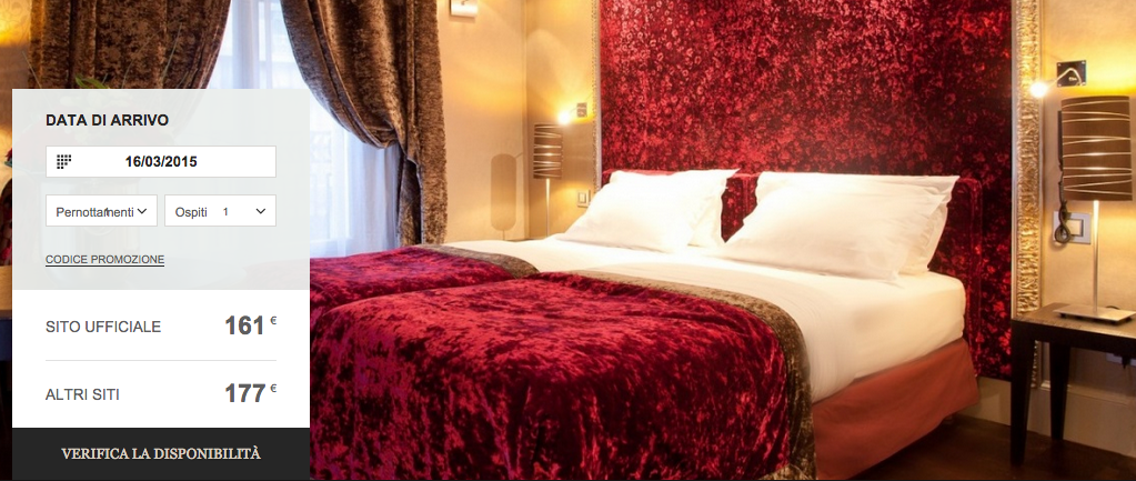 L'hotel Ares di Parigi evidenzia in maniera molto intelligente la differenza di prezzo per le prenotazioni dirette